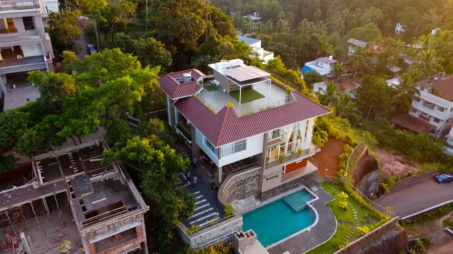 Aerial view of the hilltop property